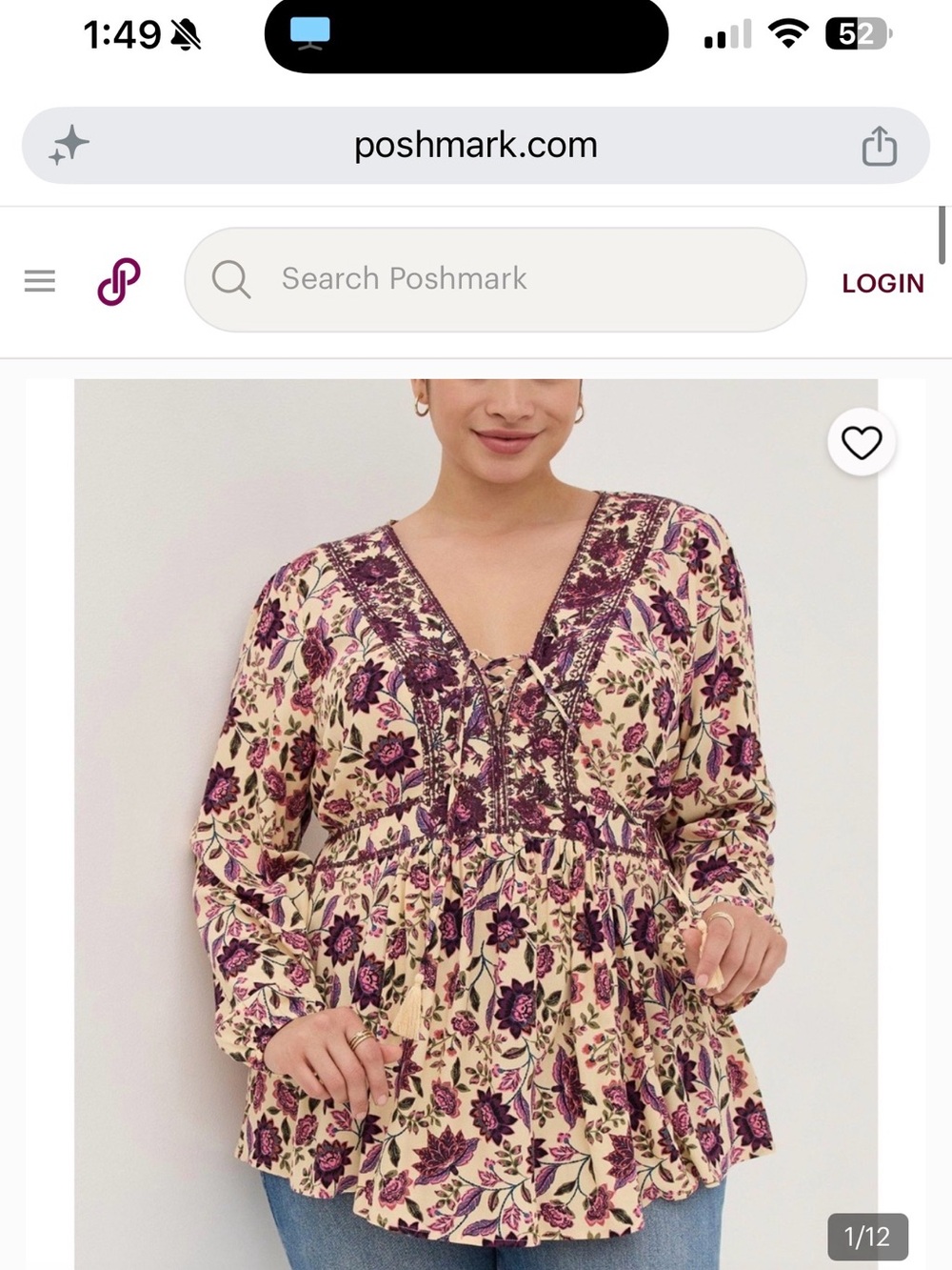 Torrid - Babydoll Rayon Crepe Floral Tan Embroidered Lace-Up Peasant Top size 4